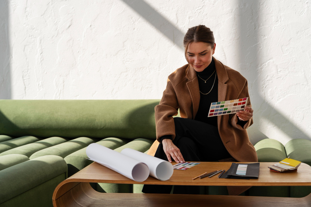 A imagem mostra uma Designer de Interiores trabalhando